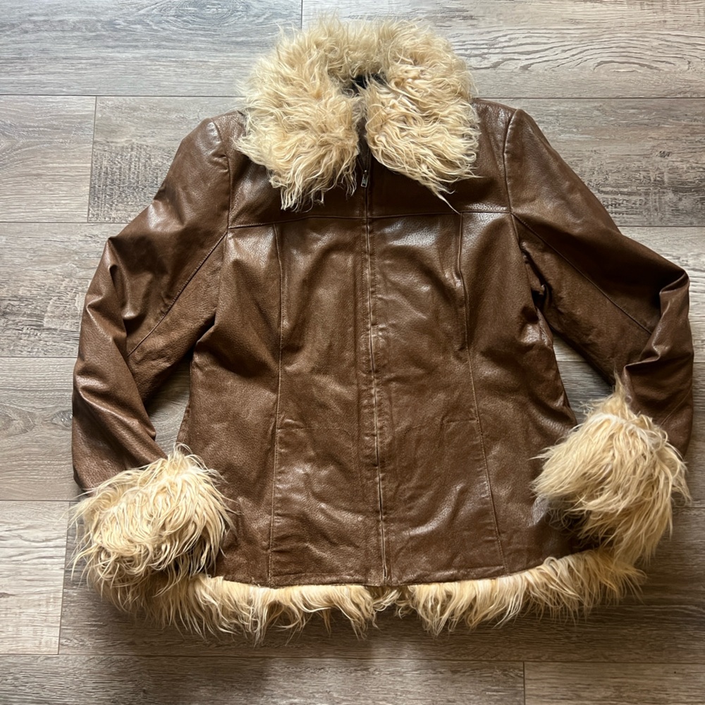 Vintage Bratz Leather Women’s Faux Fur Collar Jacket Boutique Europa XL